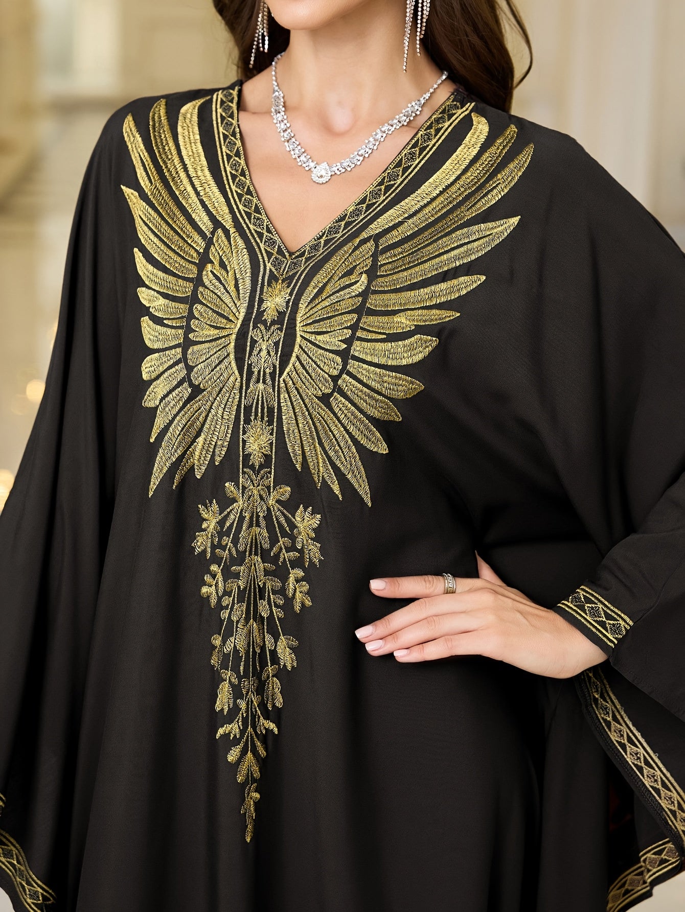 Women's Plus-Size Maxi Dress - Elegant Brown & Golden robe-like gown with Long Batwing Abaya Sleeves, Non-See-Through Formal/Beach/Evening Dress for Women