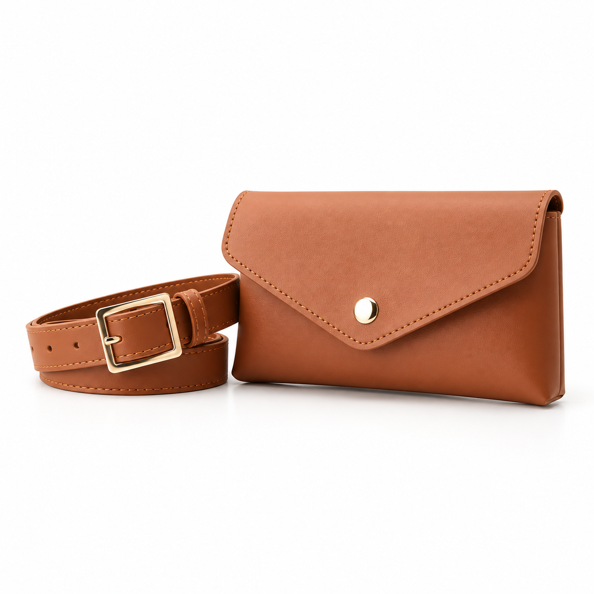 Tan Envelope Waist Belt Bag With Buckle