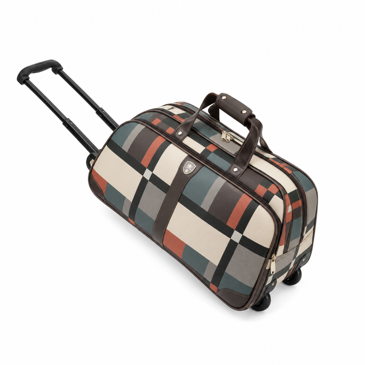 Classic Plaid Leather Trolley Duffel Bag