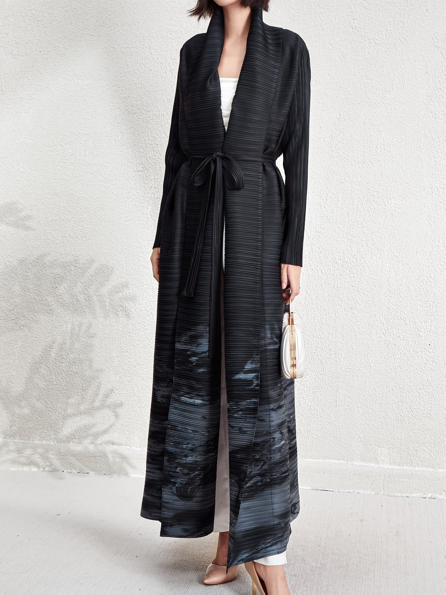 Women's Plus Size Geometric Print Long Sleeve Abaya Dress - Black & White Pleated Cardigan with Belt, Casual Loose-Fit Maxi Wrap for All Seasons