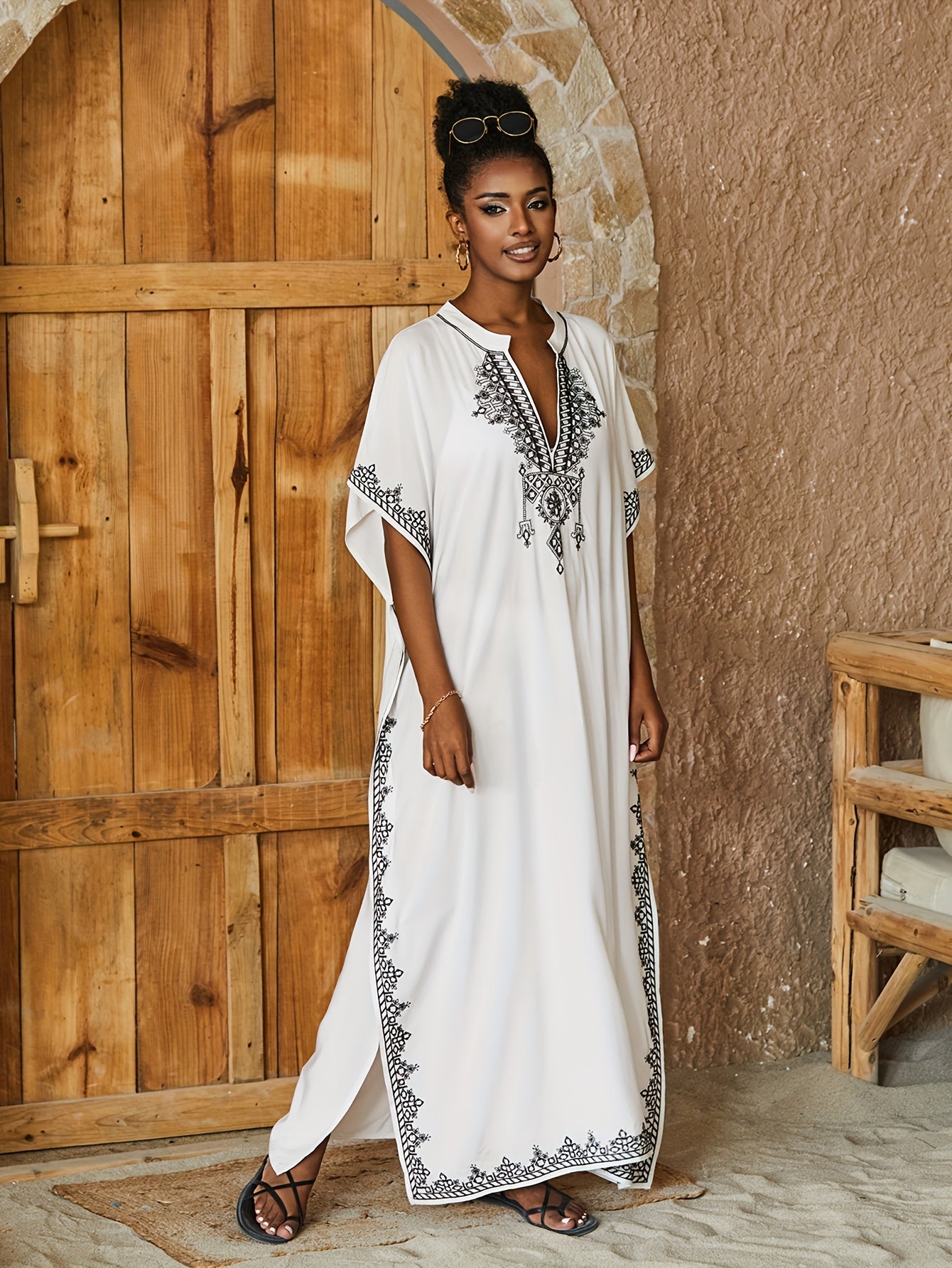 Batwing Sleeve House Kaftan Dress | Embroidery Batwing Sleeve House Kaftan Dress