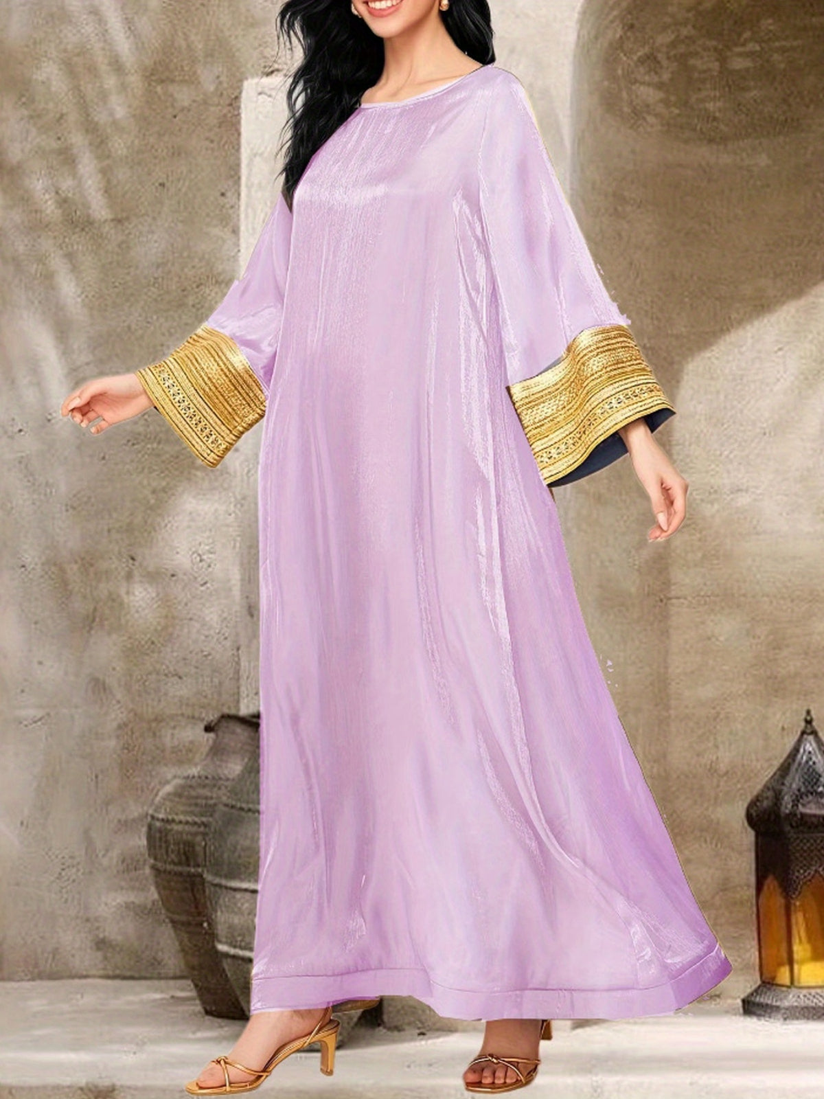 Elegant Women's Long Sleeve Baju Abaya Dress - Crew Neck, Patchwork Design, Loose Swing Fit, Solid Color, Perfect for Spring/Summer, Casual to Formal Wear, Casual Formal Dress