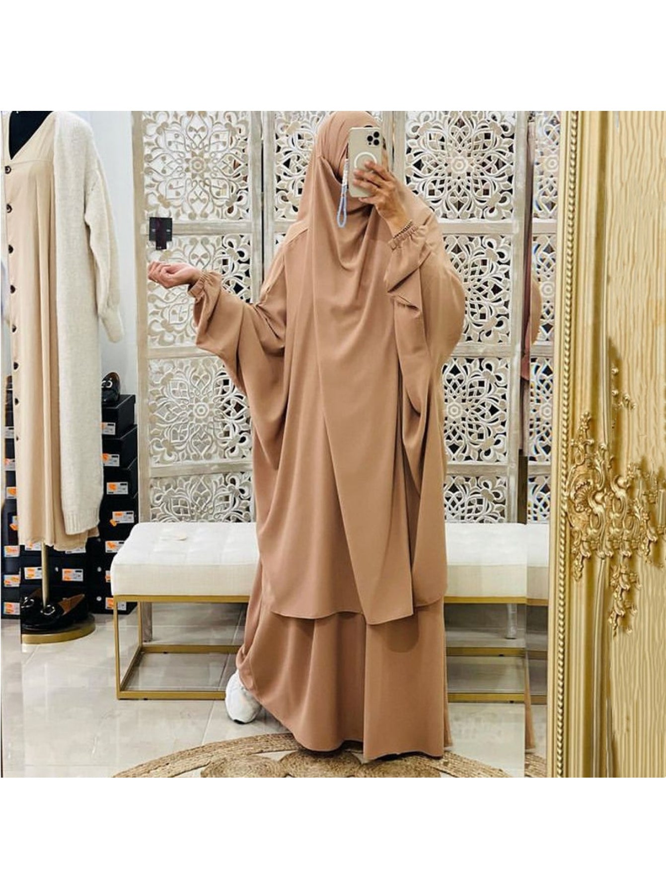 Plus Size, Women's 2pcs Islamic Abaya Prayer Dress & Hijab Set - Modest Turkish Kaftan with Long Flowing Batwing Sleeves, Boat Neck & Full Coverage, Loose Floor-Length Dress in Beige