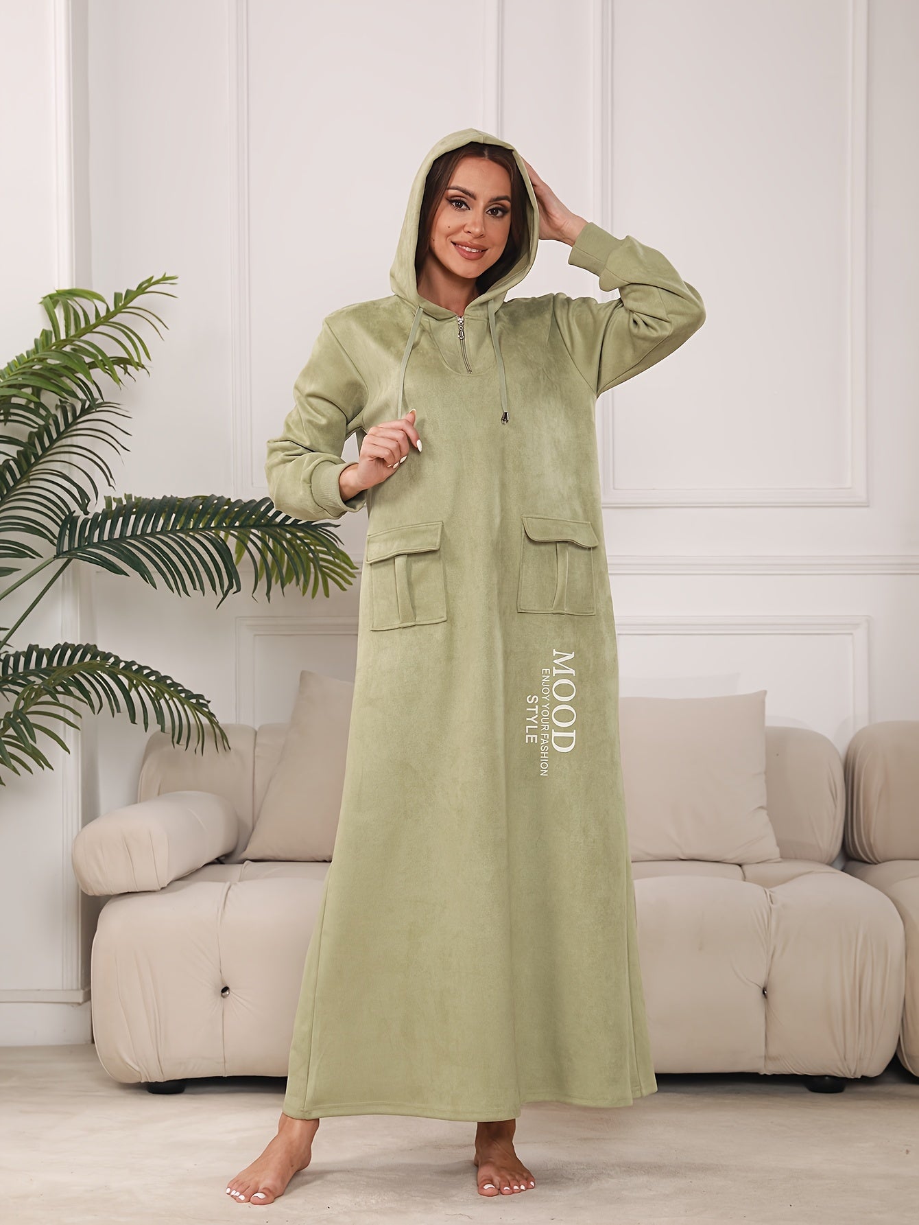 Women's Casual Long Sleeve Hooded Abaya with Zipper Collar and Pockets - Arabic Alphabet Print, Non-Stretch Fabric, Loose Fit for All Seasons, Casual Wear|Hooded Dress|Pocketed Dress