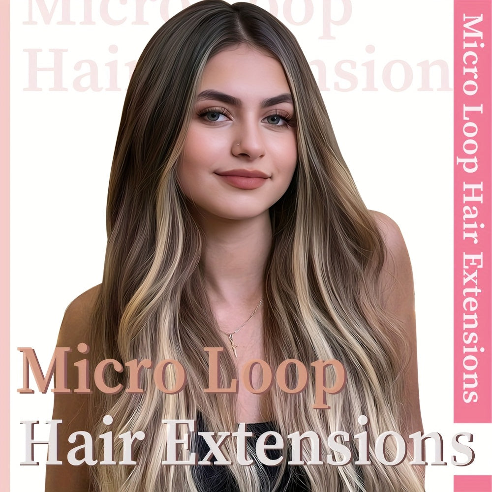 50 Strands of DNE Hair Microlink Human Hair Extensions Ranging from 14 to 24 Inches in Light Brown And Blonde, Featuring Straight Hair with Cold Fusion Micro Loop Invisible Seamless Bead Extensions Designed for Women. Made fr