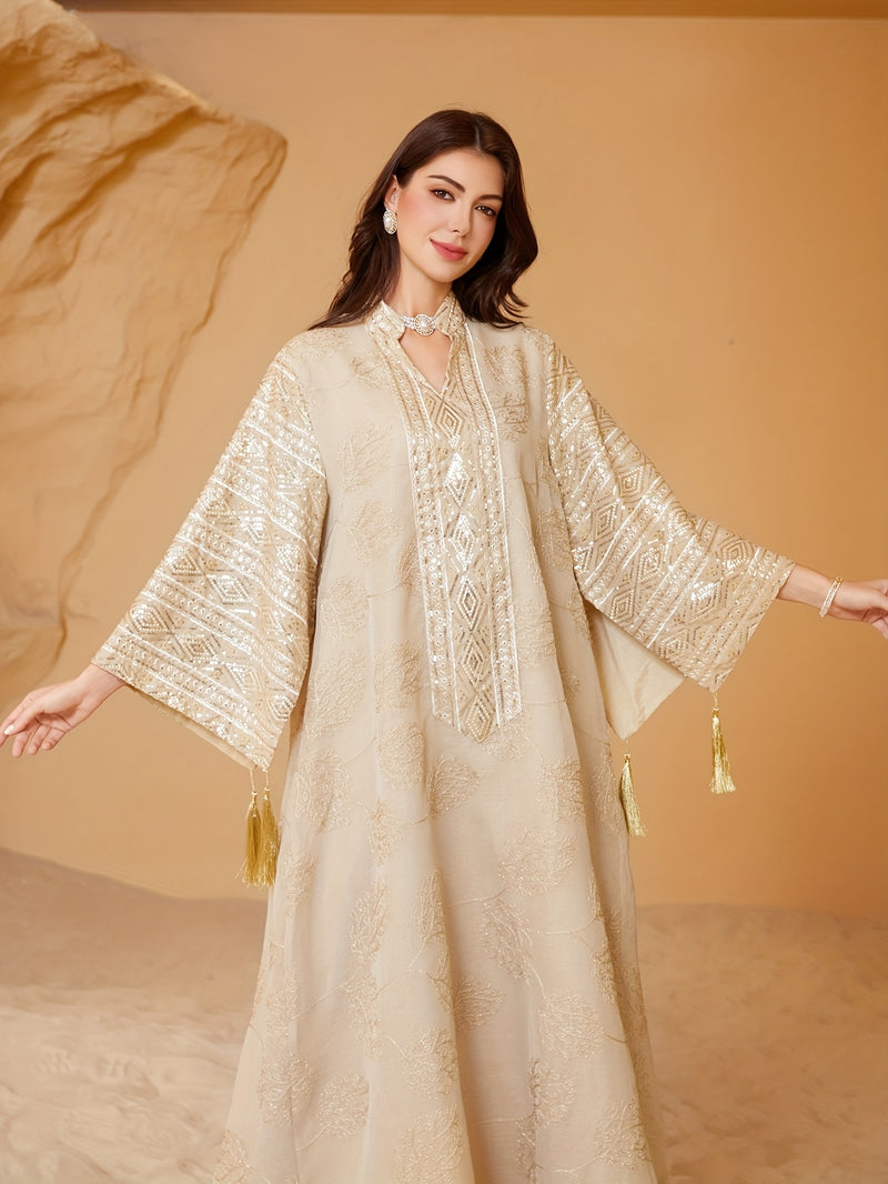 Women's Middle Eastern Kaftan Abaya Dress - V-Neck Long Sleeve with Lace Embroidery & Beaded Details, Breathable Lightweight Fabric for Eid al-Adha, Ramadan, Turkish Festival Parties