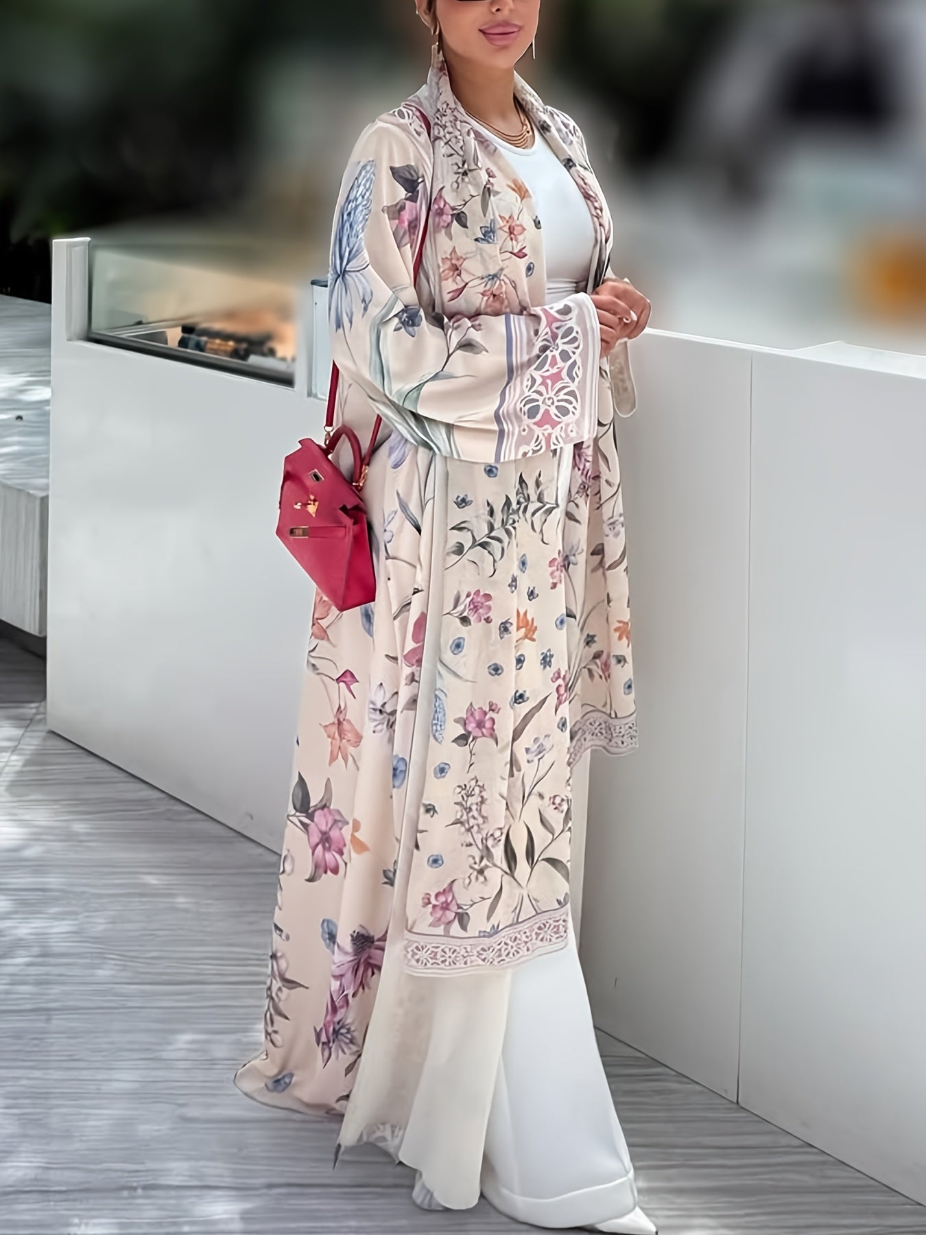 Floral Print V-Neck Abaya Robe with Long Sleeves - Lightweight Loose Fit Long Dress and Headscarf Set for Women, Spring/Summer Collection, Versatile Fashionable Long Robe, Headscarf 2pcs
