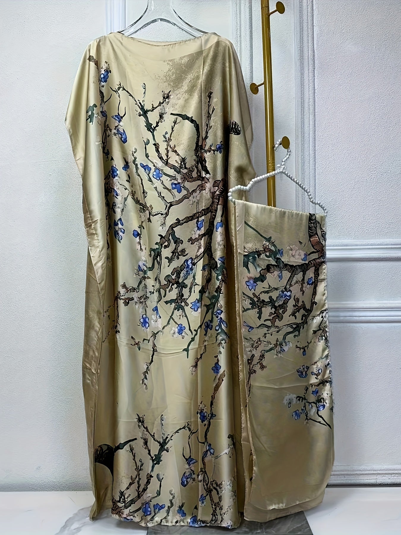 Tree Print Crew Neck Kaftan Abaya, Elegant Batwing Sleeve Loose Fit Maxi Dress With A Hijab, Women's Clothing
