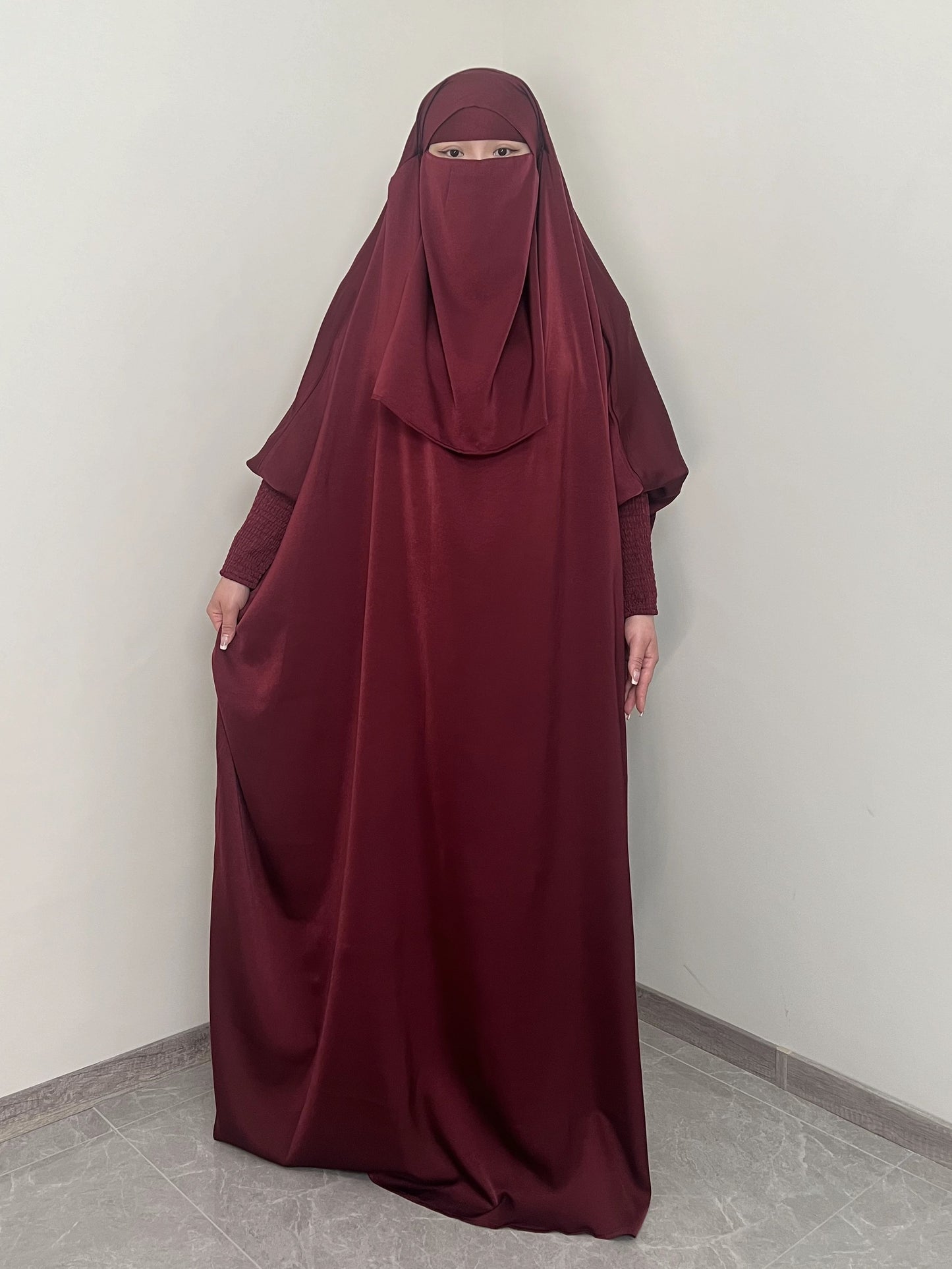 [Satin Modesty Dress] Free Size Satin One Piece Modesty Abaya Burkha - Jilbab Niqab Attached