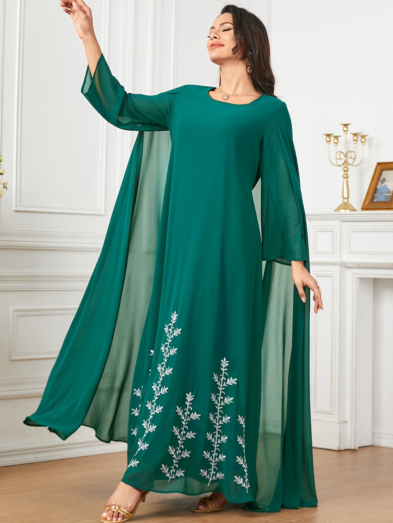 Polyester Traditional Abaya Dress - Solid Color Round Neck Embroidered Long Sleeve with Cape, Regular Fit, All-Season, Middle Eastern Cultural Apparel