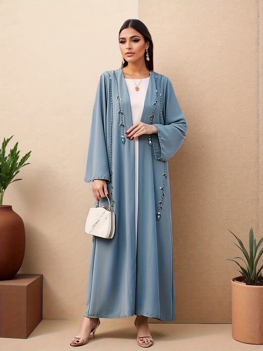 Women's Handmade Blue Rhinestone Abaya Dress - Long Sleeve, Open Front, Lightweight Summer Dress with Intricate Patterns, Perfect for Casual or Cultural Wear, Cultural Attire