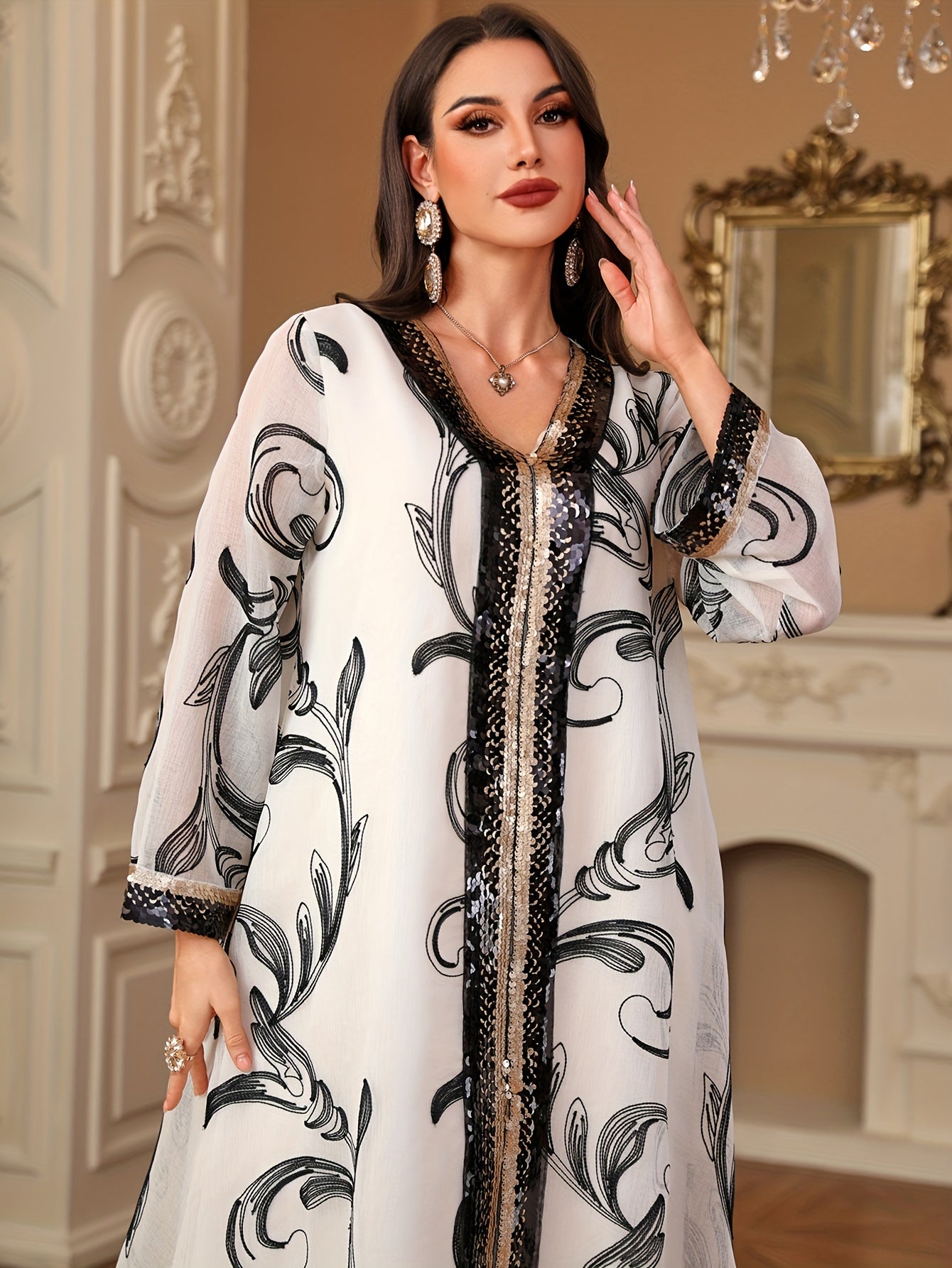 Elegant White Sequin Decorated Maxi Dress with Floral Patterns - Long Sleeve, A-Line Silhouette, Non-Stretch Fabric for All Seasons, Formal Evening Wear|Floral Sequin Decoration|Woven Polyester