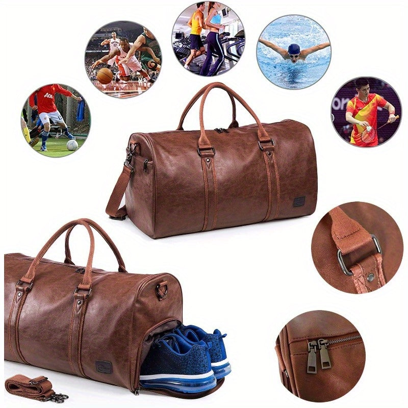 Leather Travel Bag with Shoe Pouch Weekender Overnight Bag Carry On Duffel Bag for Men WomenBrown