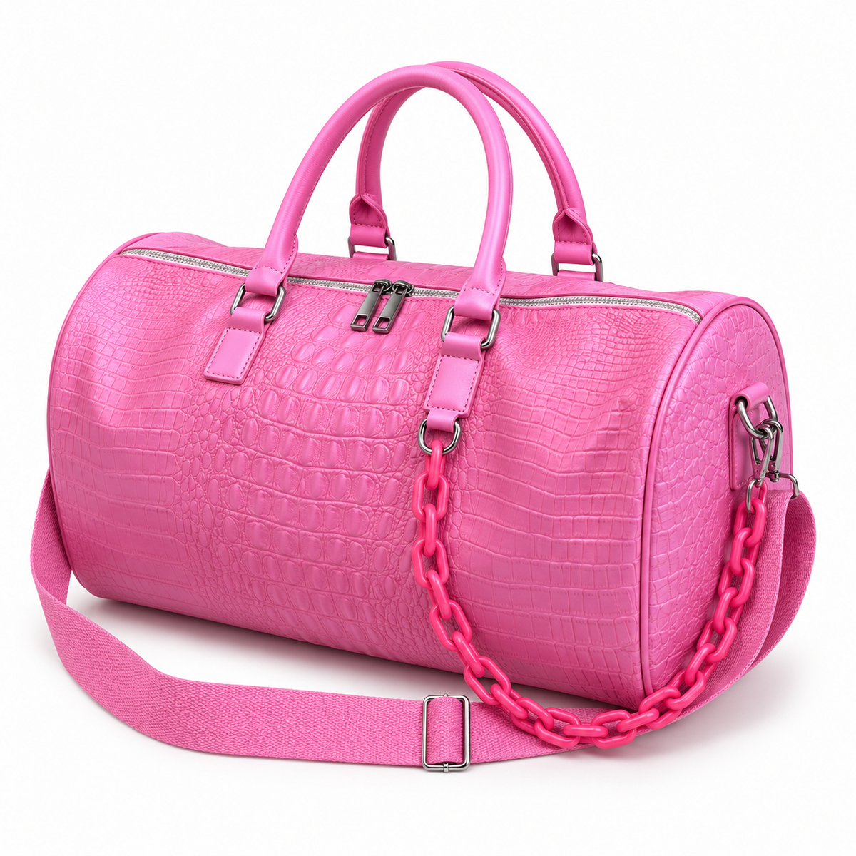 Pink Crocodile Embossed Leather Duffel Bag