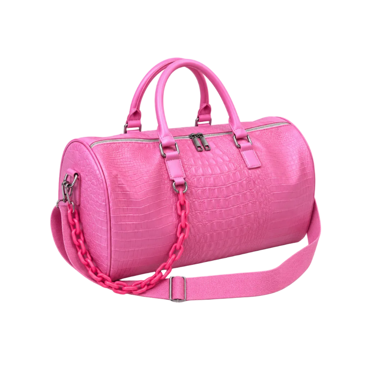 Pink Crocodile Embossed Leather Duffel Bag