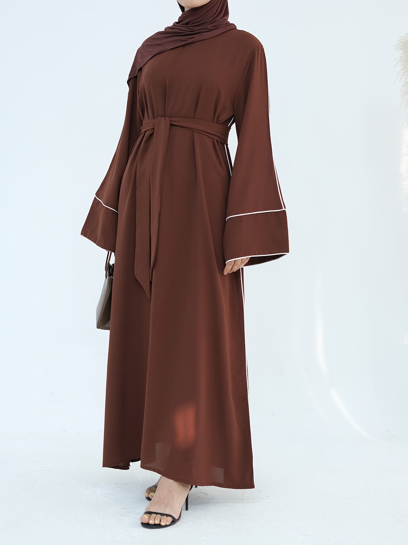 Women's Stylish Solid Color Dubai Turkish Abaya with Lace-Up Waist - Long Robe with Belt, Sleeveless, Polyester, All-Season Wear, Casual Attire|Elegant Attire|Polyester Fabric