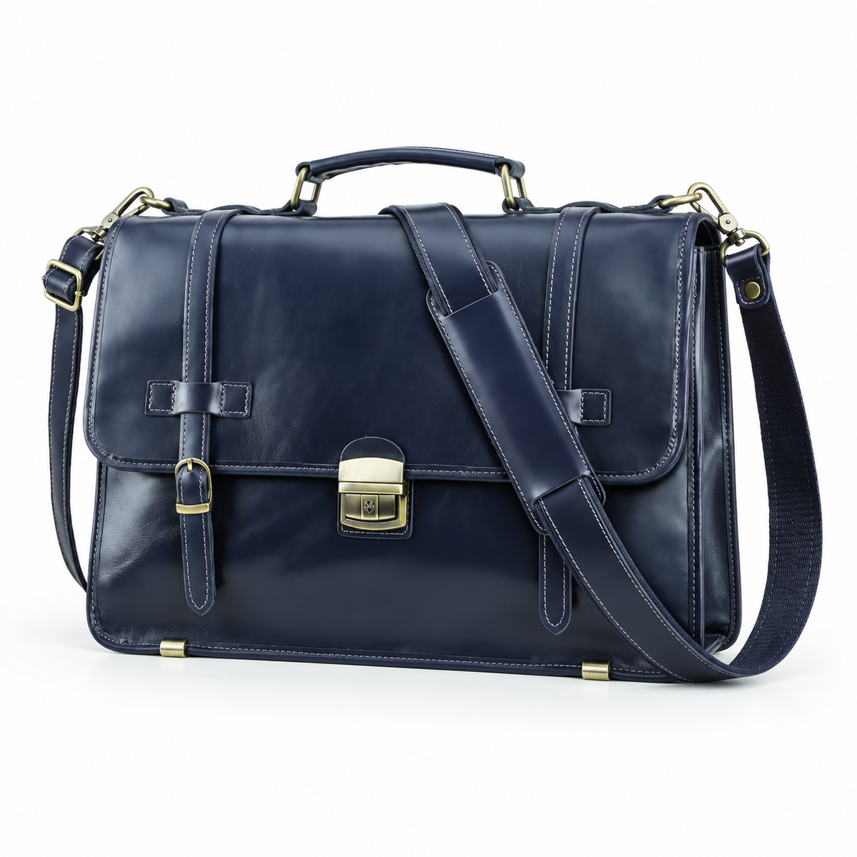 Classic Navy Leather Briefcase Shoulder Bag