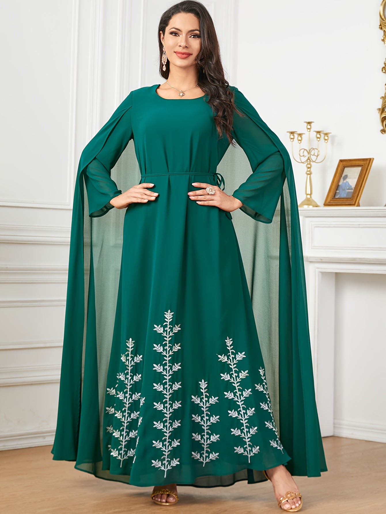Polyester Traditional Abaya Dress - Solid Color Round Neck Embroidered Long Sleeve with Cape, Regular Fit, All-Season, Middle Eastern Cultural Apparel