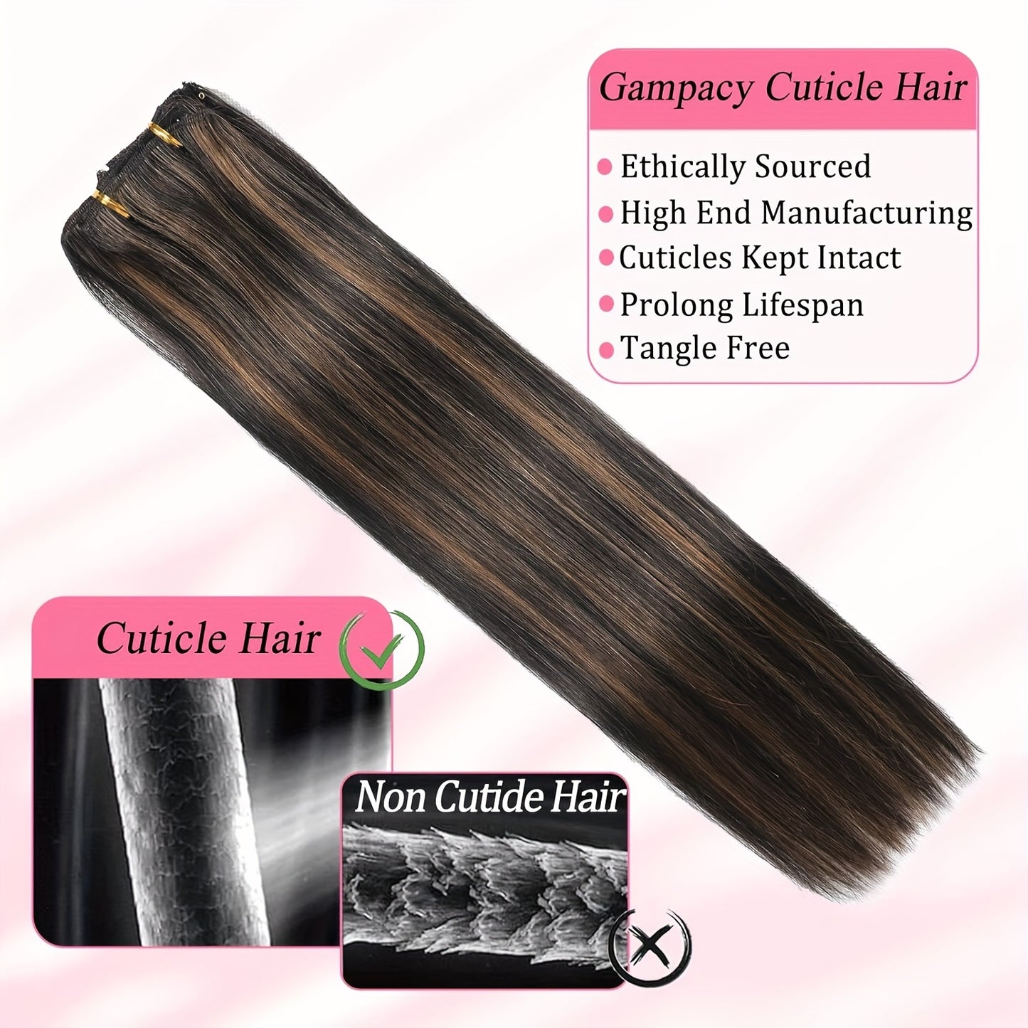 Real Human Hair Clip-In Extensions, Seamless Design for Women, Made from Remy Hair, Featuring Double Wefts with 8pcs Available in Lengths from 14 to 24 Inches, Transitioning from Natural Black to Chestnut Brown