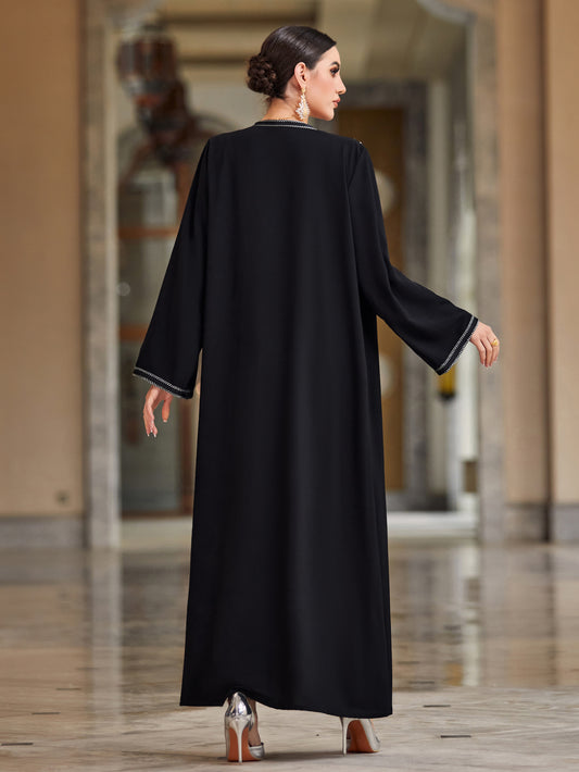 Elegant Black Rhinestone Embellished Maxi Dress for Women - Sleeveless, Open Front Abaya, High-Low Hem, Stretchy Polyester Blend, Perfect for Casual Family Gatherings & Formal Events