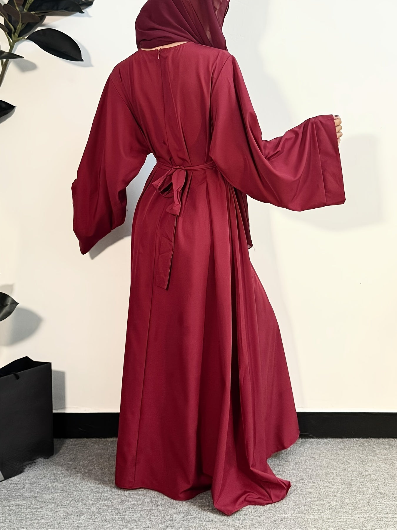 Women's Long Polyester Palestinian Abaya Kaftan with Belt - 100% Polyester, Solid Color, Regular Long Sleeve, Loose Fit, H-Contour, Woven, Non-Stretch, All Seasons, Full-Length Islamic Prayer Dress