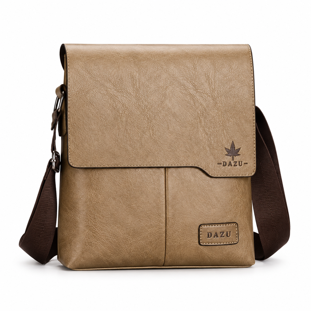 Khaki Textured Leather Crossbody Messenger Bag