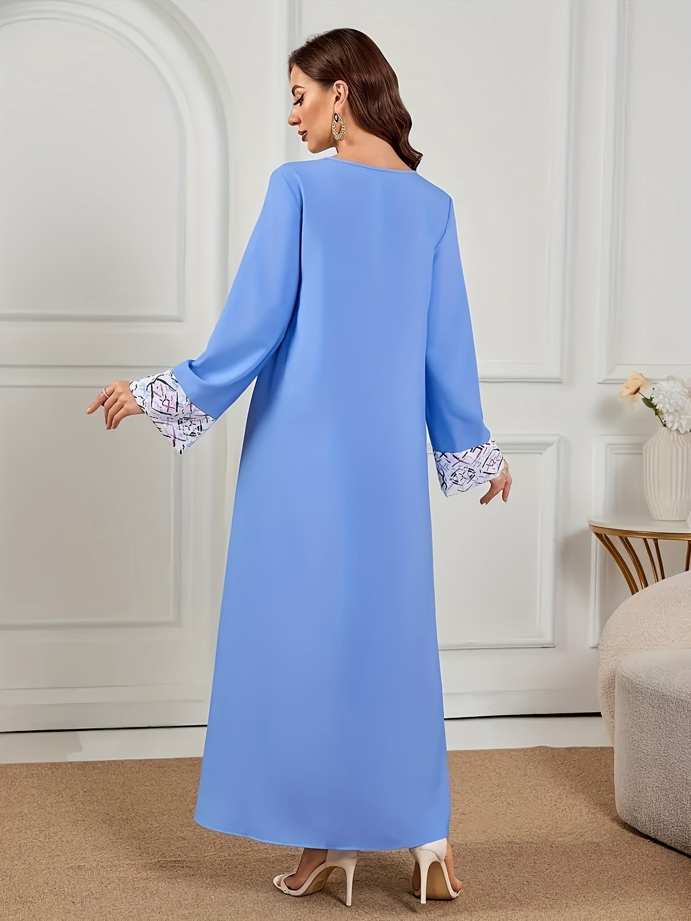 Women's Elegant Long Palestinian Abaya Dress with Luxurious Beaded & Rhinestone Embellishments - Ultra-Soft Polyester Full Sleeve Round Neck Jellabiya, All-Season Modest Islamic Dress for Dubai, Saudi, Middle Eastern Style (Machine Washa