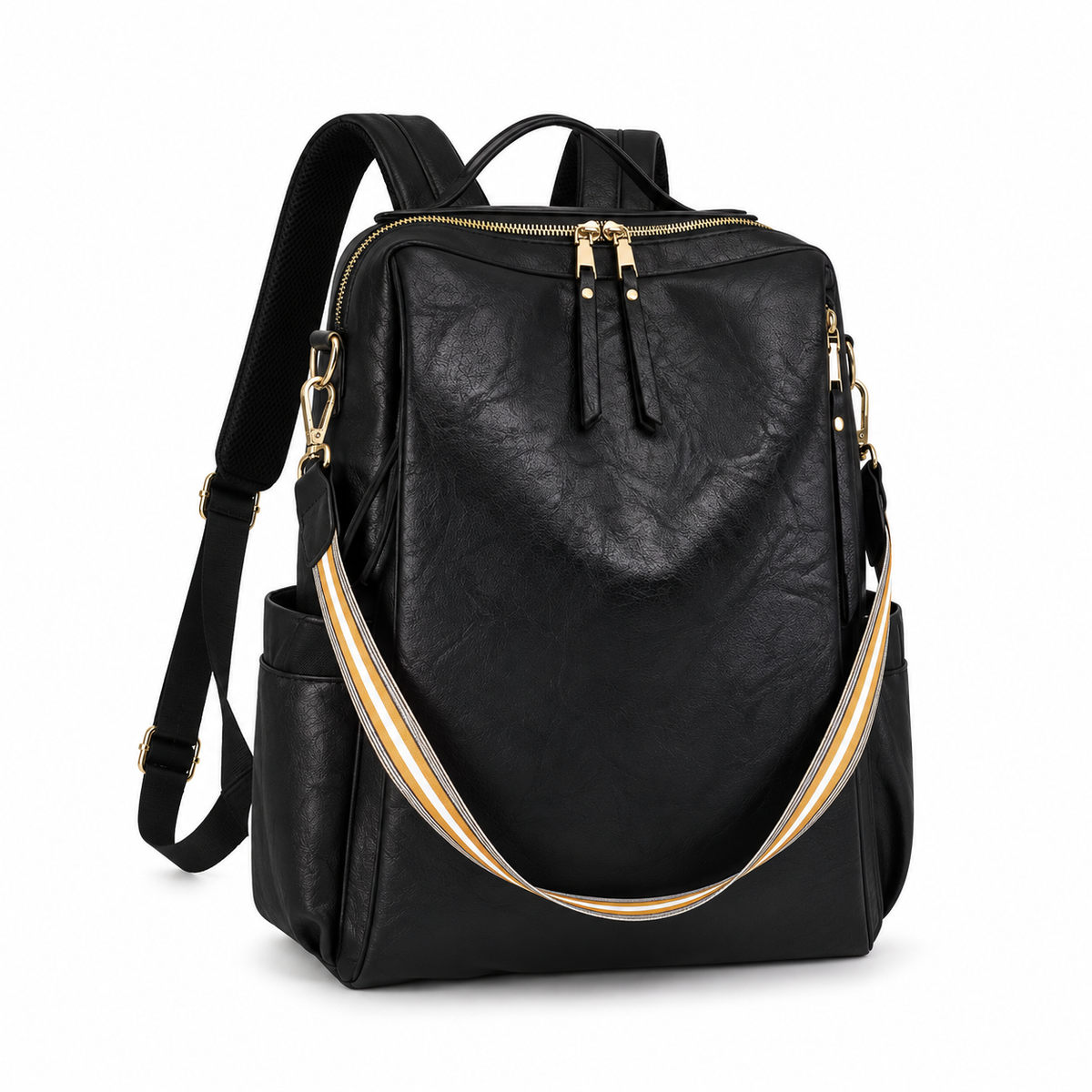Black Textured Backpack With Striped Strap