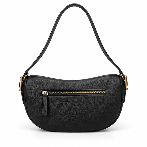 Black Crescent Shoulder Bag With Zipper
