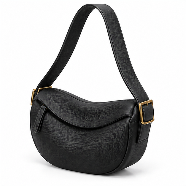 Black Crescent Shoulder Bag With Zipper