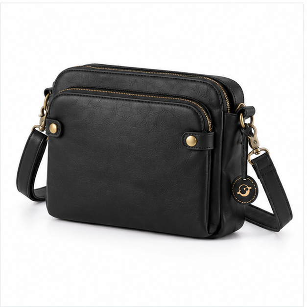 Classic Black Leather Crossbody Shoulder Bag