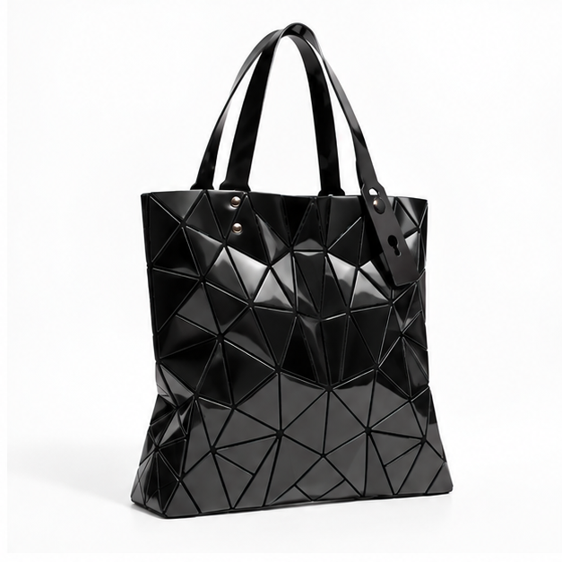 Black Geometric Glossy Structured Tote Bag
