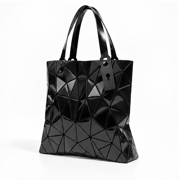 Black Geometric Glossy Structured Tote Bag