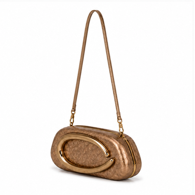 Elegant Bronze Sculptural Gold Chain Evening Clutch Bag