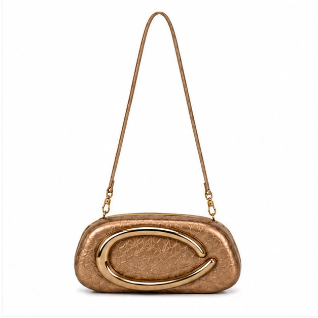 Elegant Bronze Sculptural Gold Chain Evening Clutch Bag