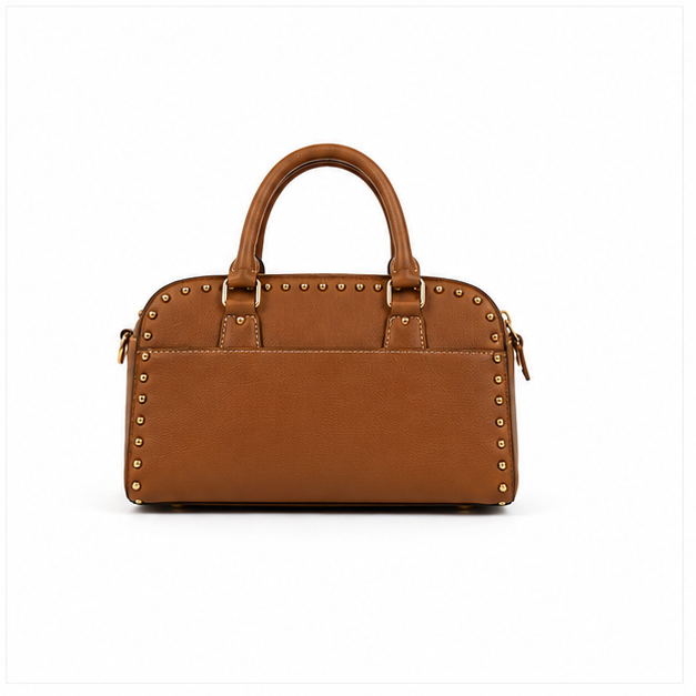 Brown Structured Boston Handbag with Gold Hardware