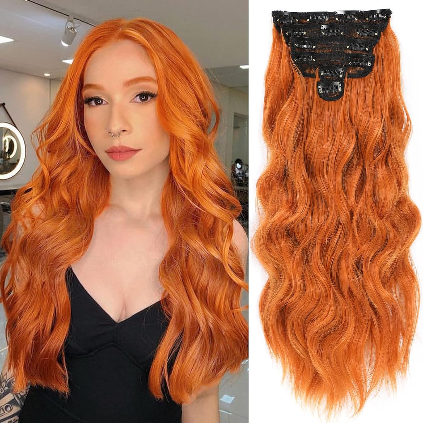 Clip in Hair Extensions for Women 20 Inch Long Wavy Curly Ginger Orange Hairpieces Full Head Synthetic Hair Hairpieces
