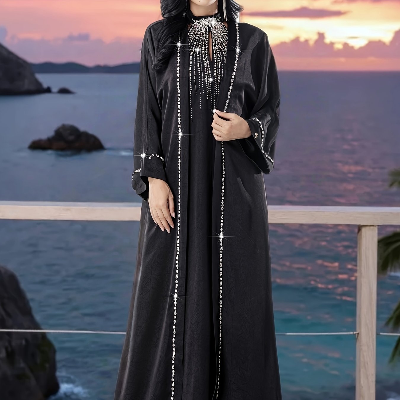 Arabian Style Black Abaya Two-Piece Set! with Rhinestone Embellishments, Luxurious and Elegant