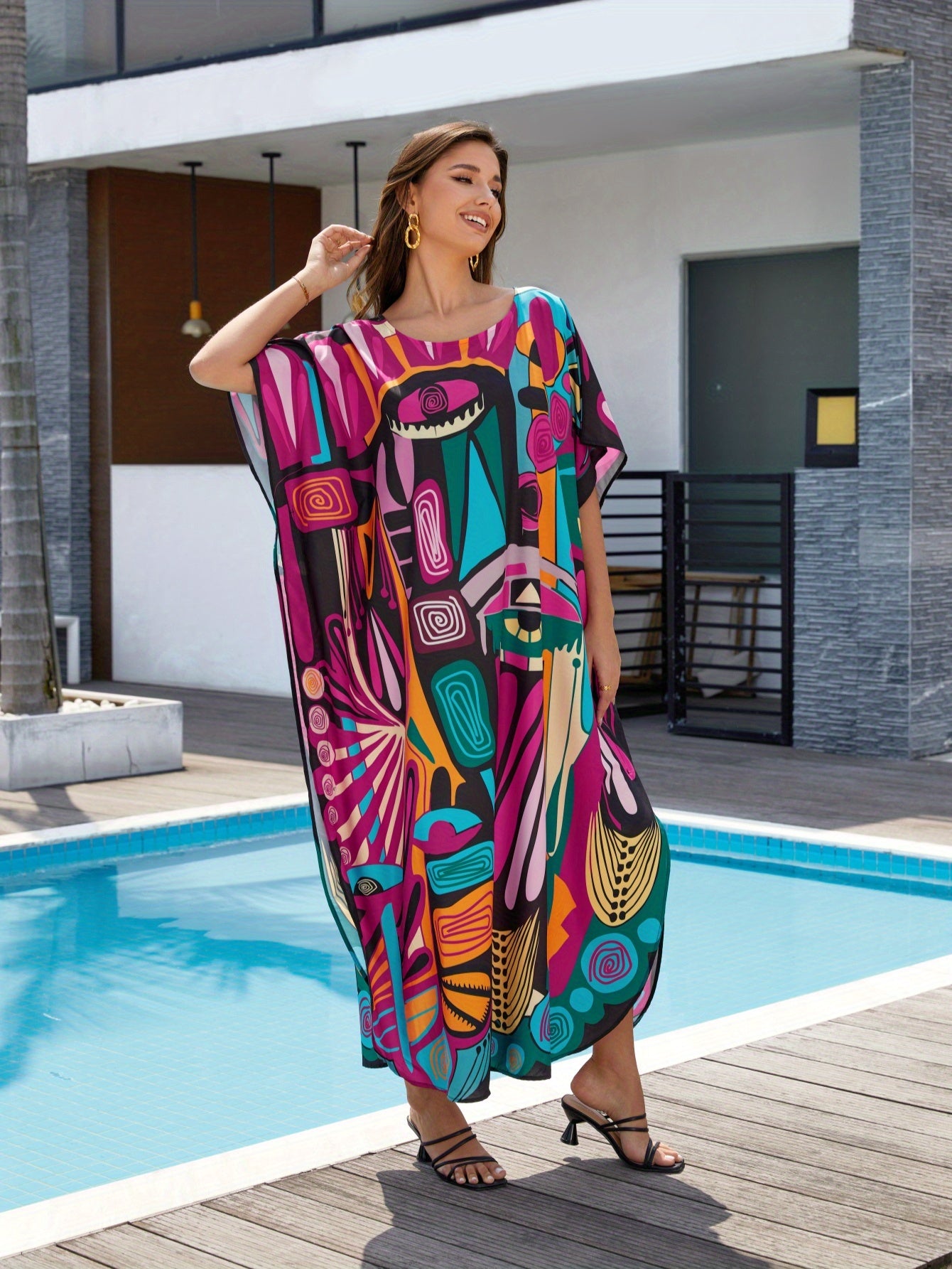 Women'S Plus Size Round Neck Short Sleeve Kaftan Dress Swimwear Tunic for Poolside & Tropical Vacation, Loose Fit Boho