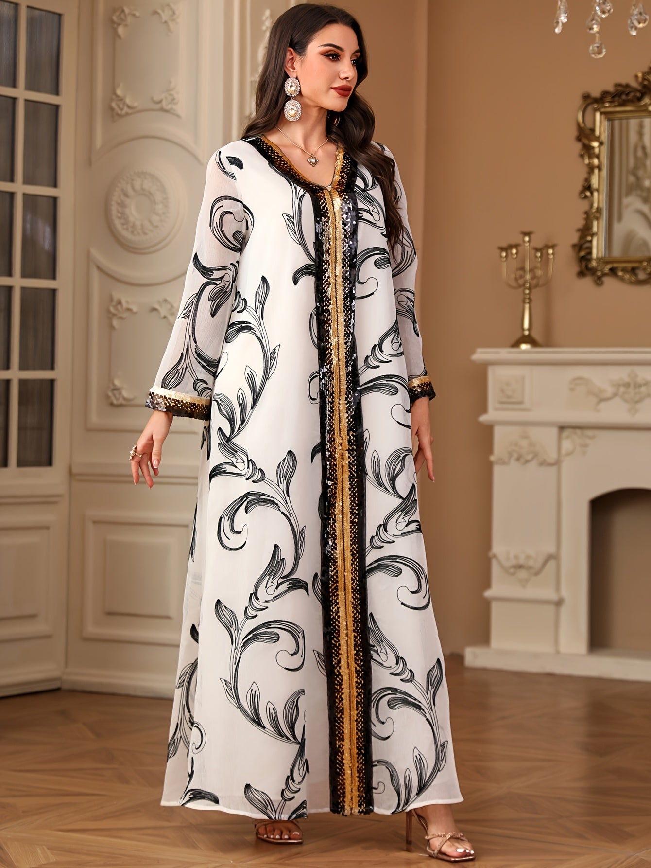 Elegant White Sequin Decorated Maxi Dress with Floral Patterns - Long Sleeve, A-Line Silhouette, Non-Stretch Fabric for All Seasons, Formal Evening Wear|Floral Sequin Decoration|Woven Polyester