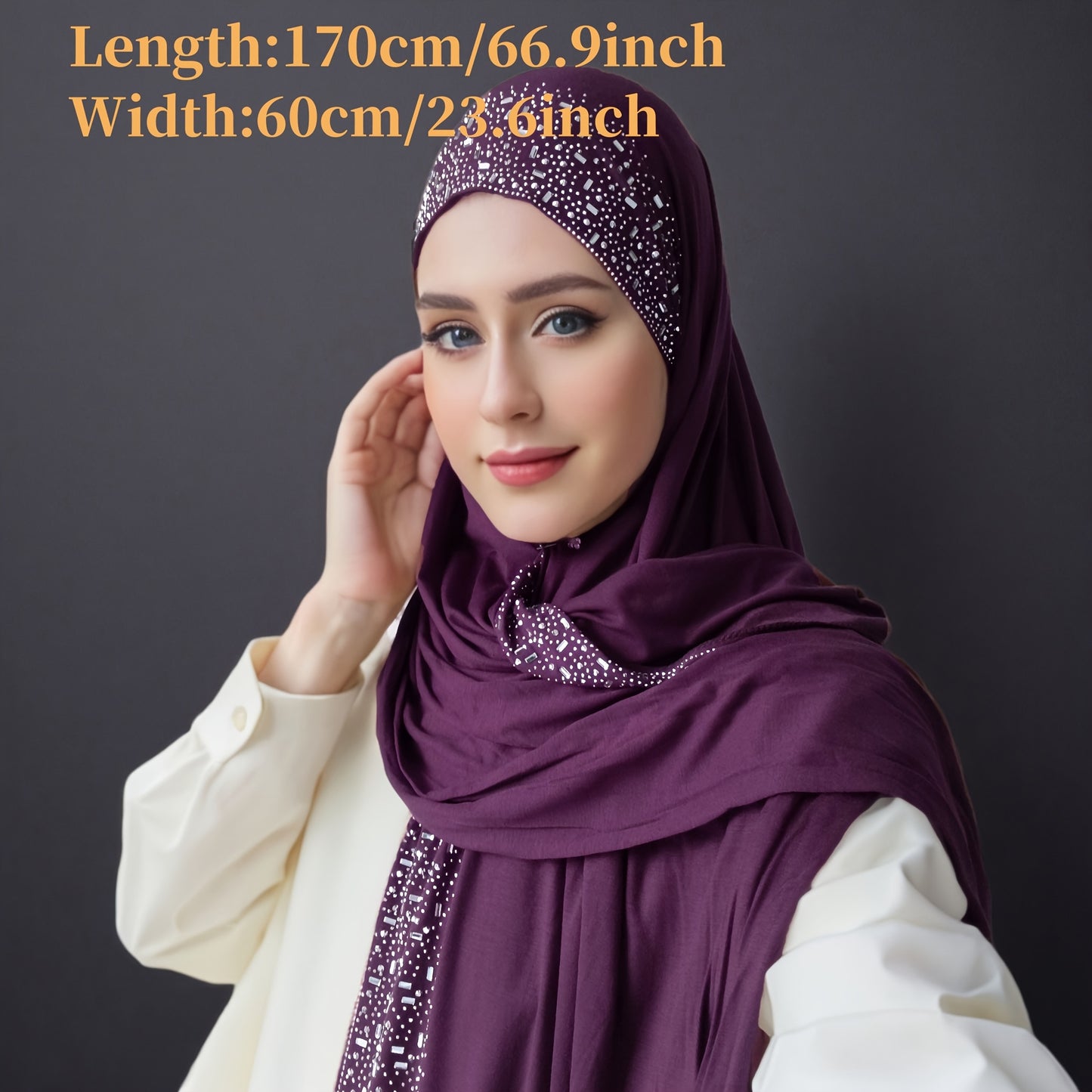 Elegant Black Stretch Bamboo Jersey Hijab Scarf Shawl for Women | Elastic Soft Large Headscarf with Sparkling Rhinestone Trim, Hand Washable Muslim Woven Head Cover & Hair Accessory, Modest Fashion