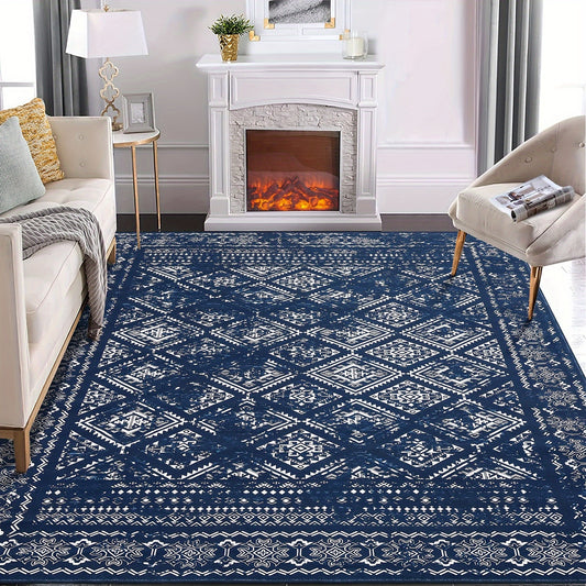 1pc GlowSol Boho Geometric Print Distressed Rug, Washable Vintage Moroccan Throw Rug for Bedroom, Non Slip Polyester Rug for Living Room Oriental Office Rug Neutral Farmhouse Floor Cover Dark Blue, Bedroom Rug
