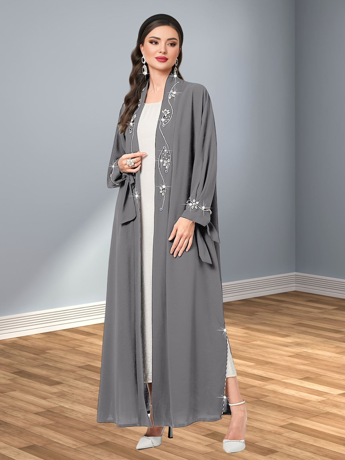 Hand-Sewn Rhinestone-Embellished Oversized Emirati Abaya - Middle Eastern-Inspired Elegance Collection, Solid Color Longline Cover-Up for Casual & Formal Wear, Hand Wash Only, Formal Coverup