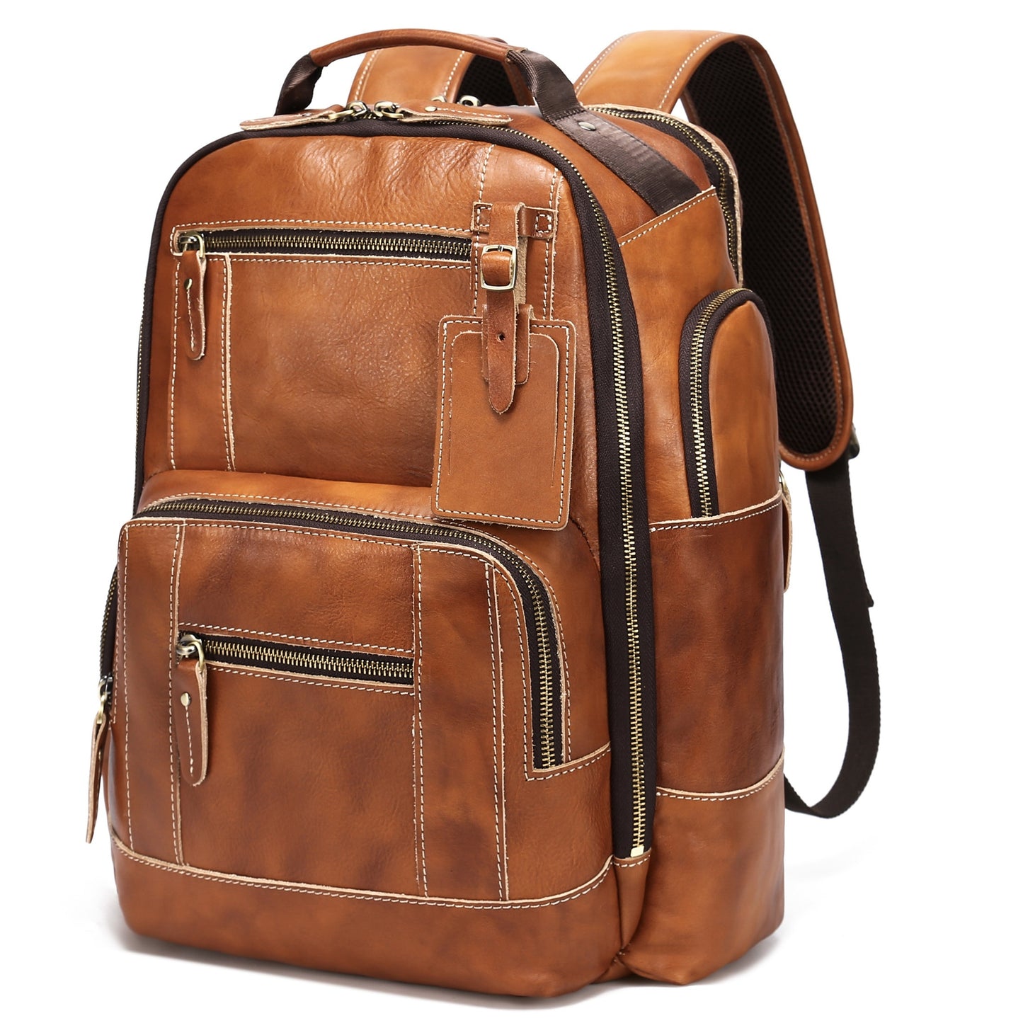 Vintage Genuine Leather Laptop Bag for Men, 15.6" Laptop Compatible, Large Capacity 6.34gal Rucksack with Multiple Zippered Pockets