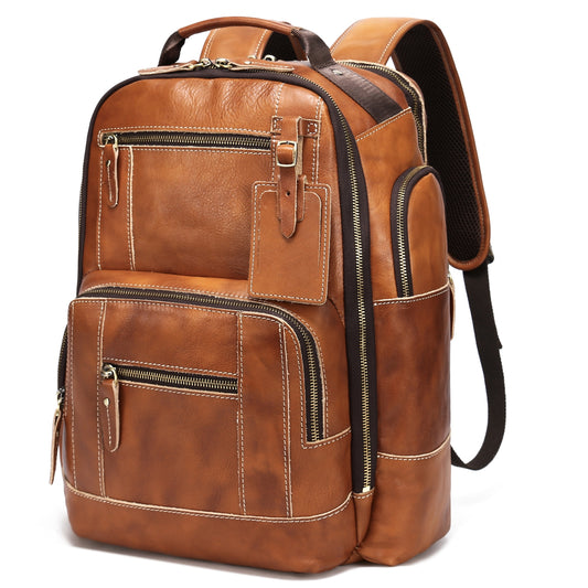 Vintage Genuine Leather Laptop Bag for Men, 15.6" Laptop Compatible, Large Capacity 6.34gal Rucksack with Multiple Zippered Pockets