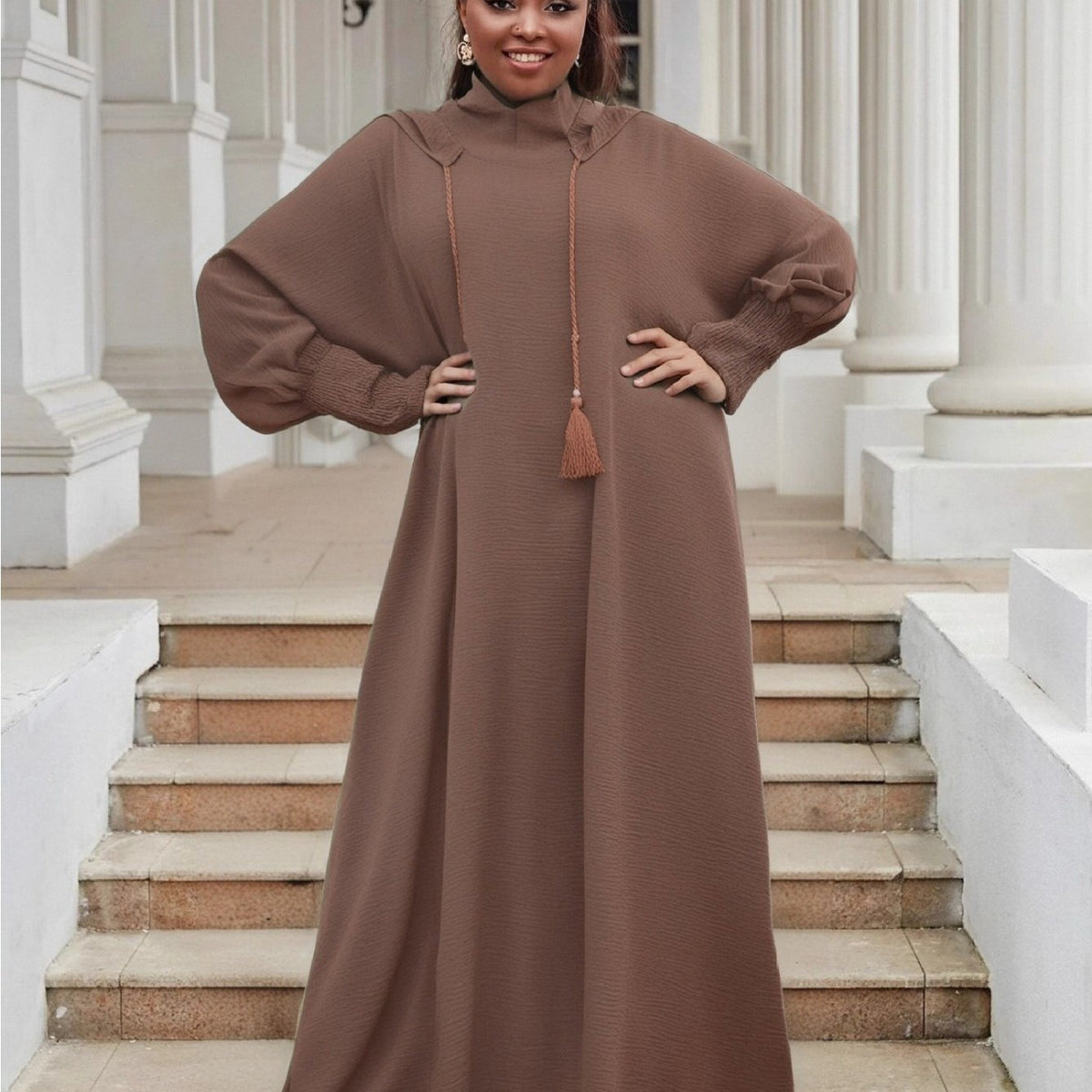 Plus Size Women's Hooded Long Sleeve Abaya - Oversized Loose Fit Solid Color Casual Elegant Gown, Machine Washable All-Season Comfort for Casual Attire, Leisure Outfit