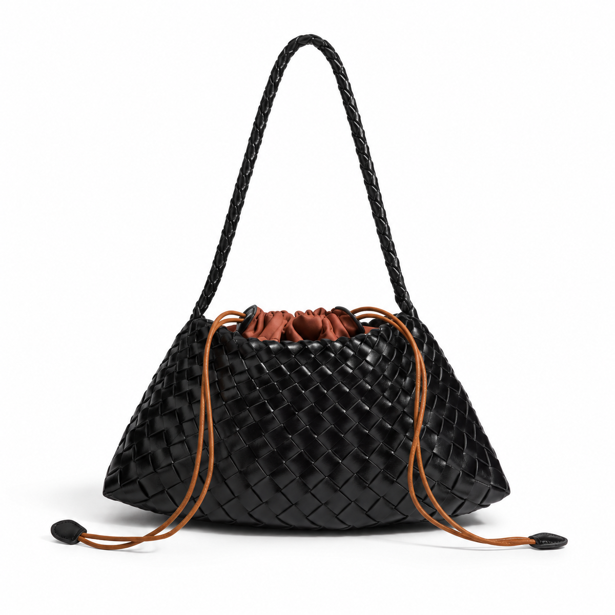 Elegant Black Woven Drawstring Shoulder Bag