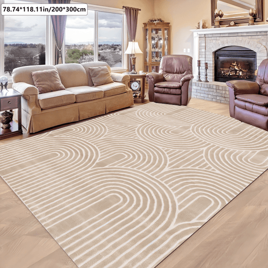 Velvet Cream-Colored Beige Textured Pattern Carpet | Suitable For Living Room, Bedroom, Sofa Mat, Door Mat, Malls, Cafes | Machine Made, Polyester, 800 G/M², Slip-Resistant, Available In Multiple Sizes