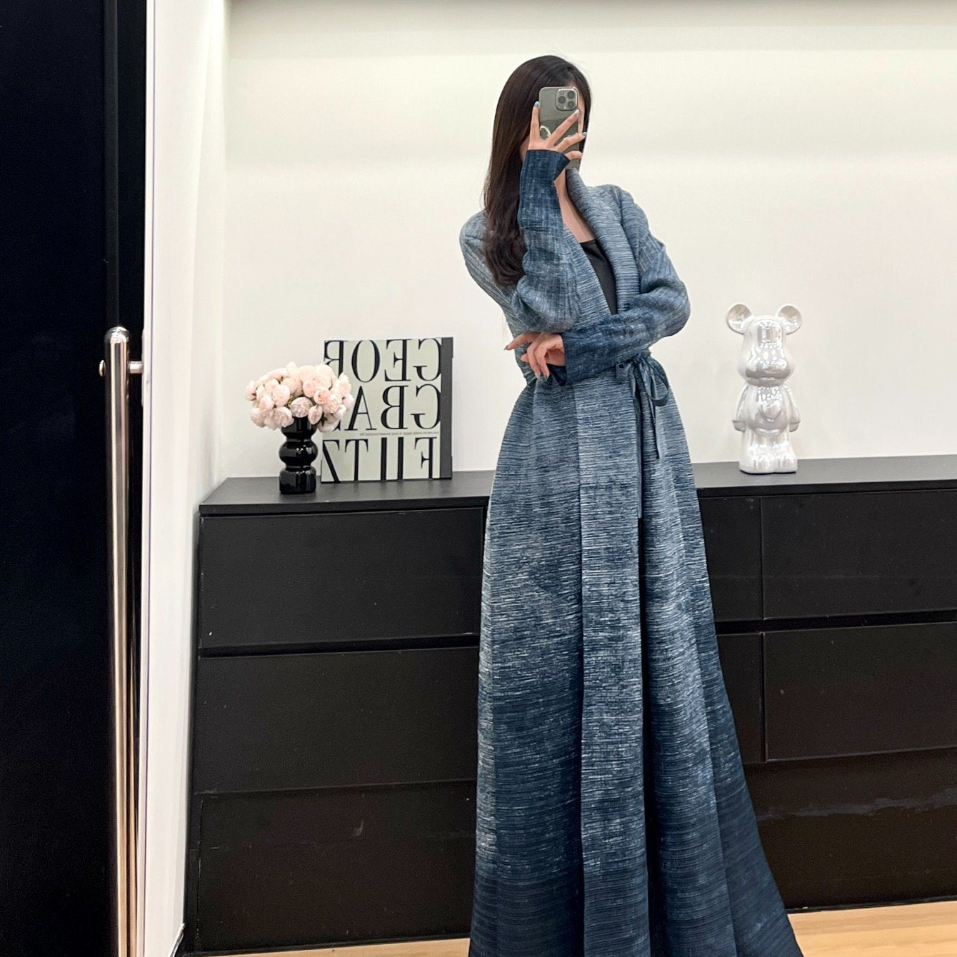Women's Vintage-Inspired Geometric Print Long Robe Abaya with Tie Waist - Loose Fit, High Stretch, Blue & Black Design, Perfect for Spring/Summer/Fall Festivals