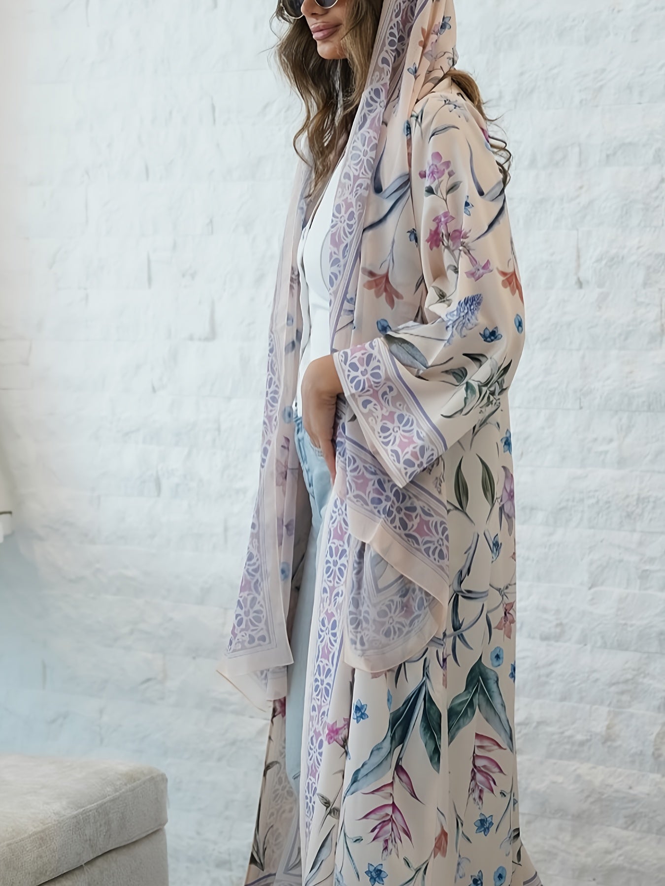 Floral Print V-Neck Abaya Robe with Long Sleeves - Lightweight Loose Fit Long Dress and Headscarf Set for Women, Spring/Summer Collection, Versatile Fashionable Long Robe, Headscarf 2pcs